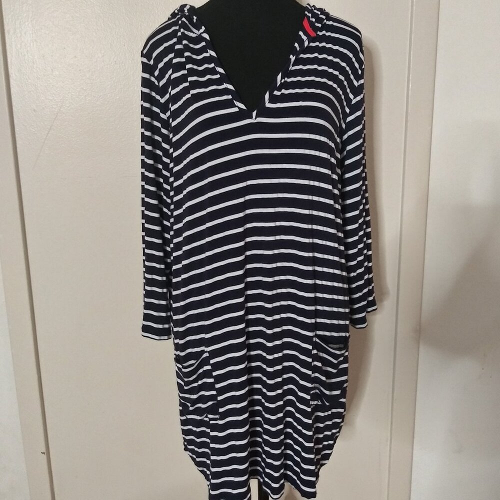 Sandiva Women’s XL Navy Blue White Striped Hoodie Tunic Top with Pockets